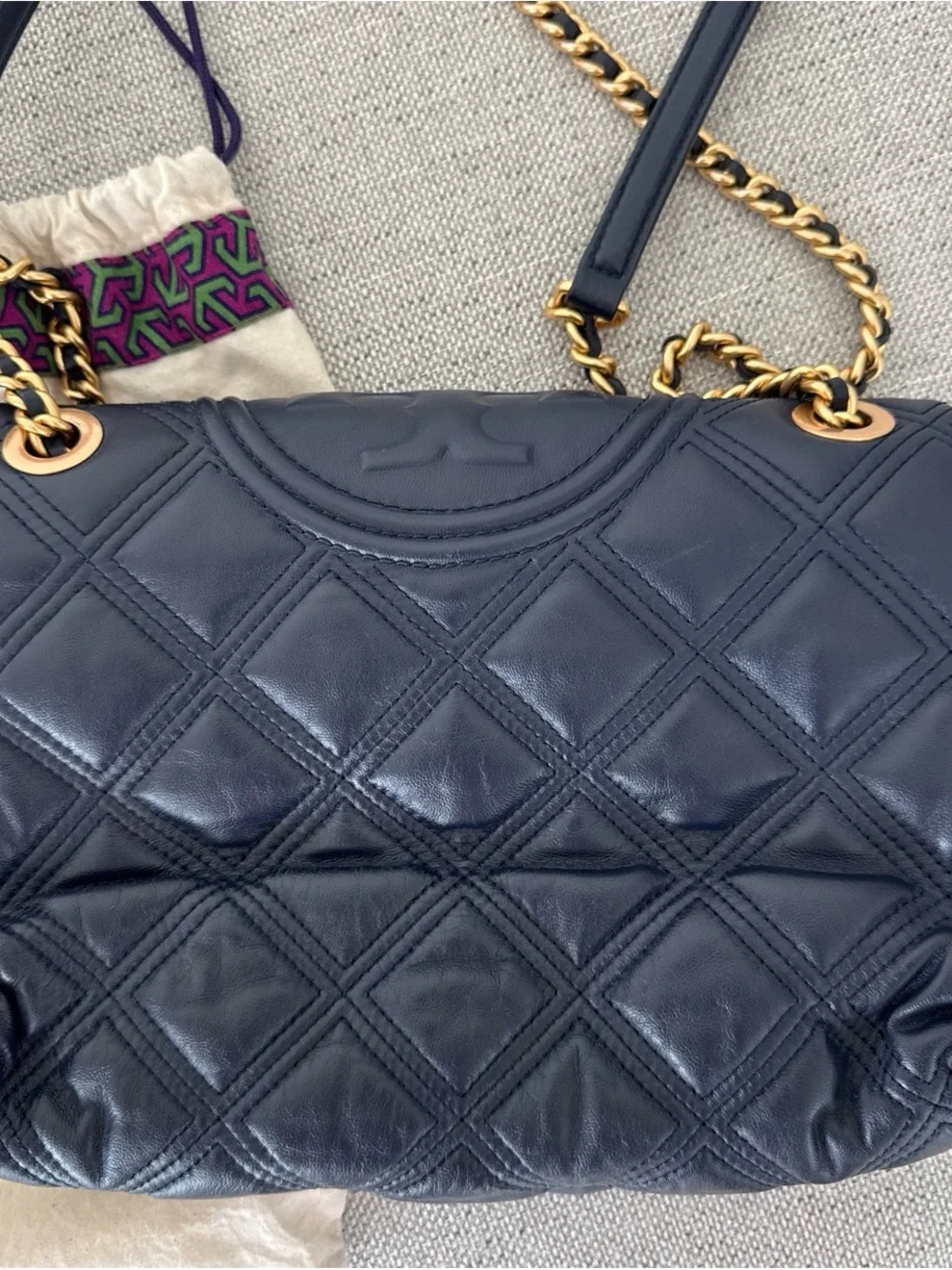 Tory Burch Black Quilted Leather Chain Shoulder Bag with Gold Hardware